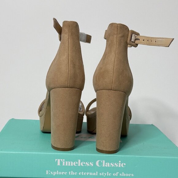🤎 Beige Faux Suede Platform Block Heel Sandals Heels with Ankle Strap | Size 6 - Picture 3 of 8
